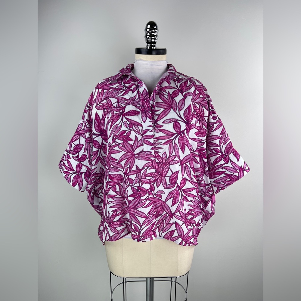 💚 3511. Oversized Collared Leaf Print Blouse